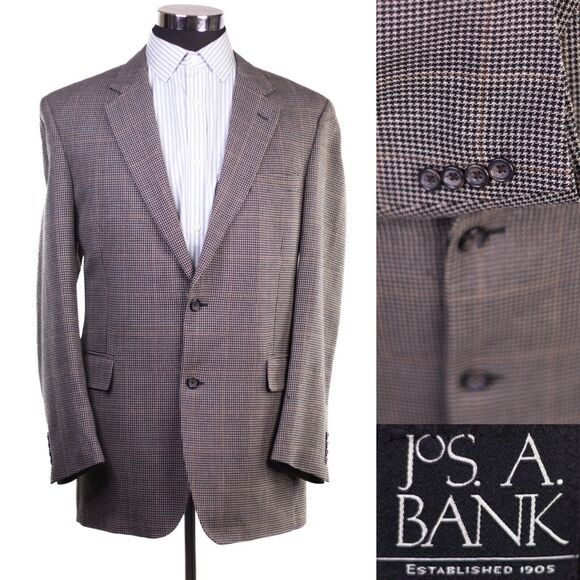 JOS A BANK Brown Plaid Wool 2-Button Blazer Sport Coat Jacket 43L One Vent - Picture 1 of 14